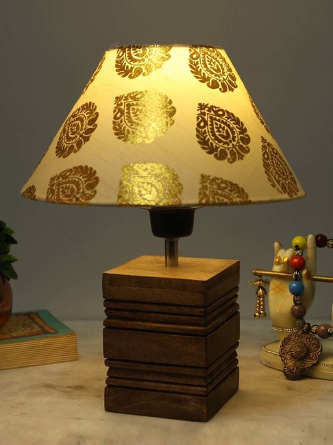 Homesake Golden Brown Wood Rib Cube-Shaped Table Lamp With Fabric Shade