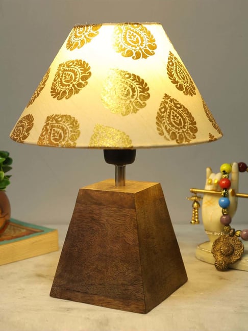 Homesake Golden Brown Wood Pyramid-Shaped Table Lamp With Fabric Shade