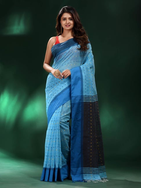 Buy Online: Light Blue & Sienna Polka Dots Mulmul Saree