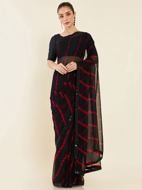 Soch Black Striped Georgette Saree With Blouse Price in India
