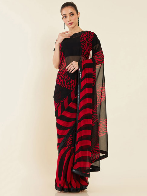 Soch Red & Black Printed Georgette Saree With Blouse Price in India