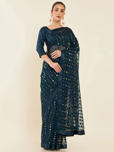 Soch Blue Printed Georgette Saree With Blouse Price in India