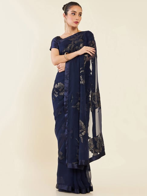 Soch Navy Printed Georgette Saree With Blouse Price in India