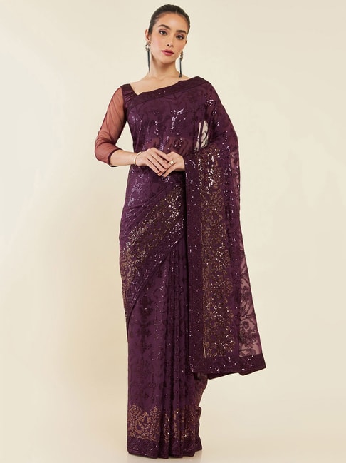 Soch Purple Embellished Georgette Saree With Blouse Price in India
