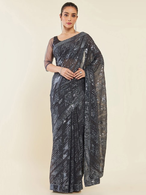 Soch Dark Grey Embellished Georgette Saree With Blouse Price in India