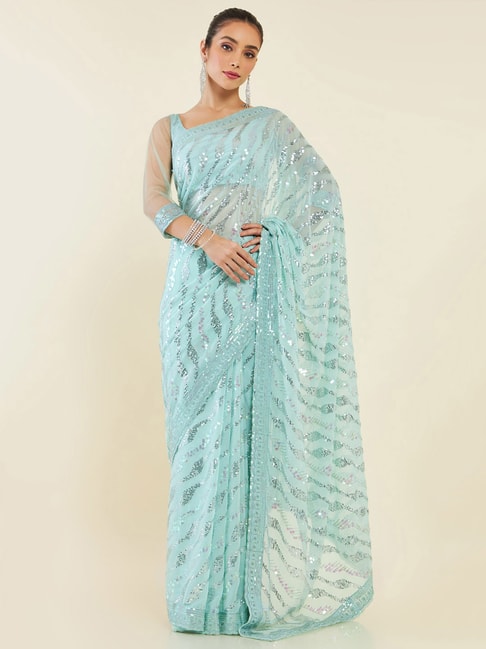 Soch Turquoise Embellished Georgette Saree With Blouse Price in India