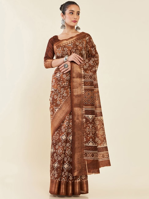Soch Brown Printed Chanderi Saree With Blouse Price in India
