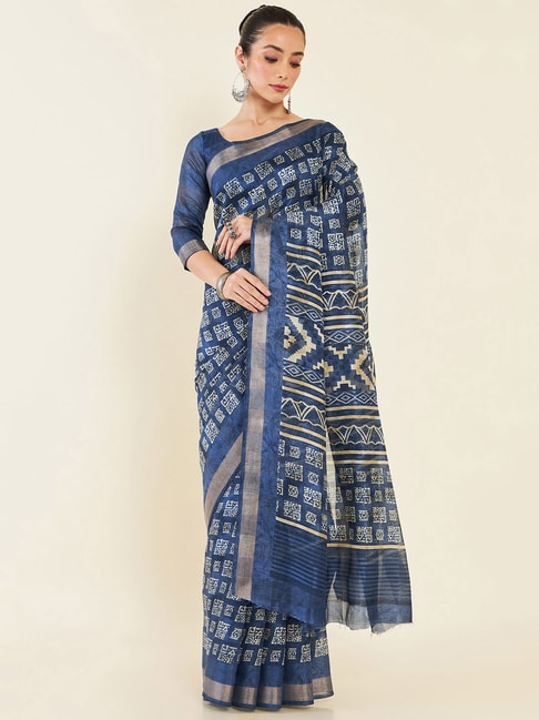 Soch Blue Printed Chanderi Saree With Blouse Price in India