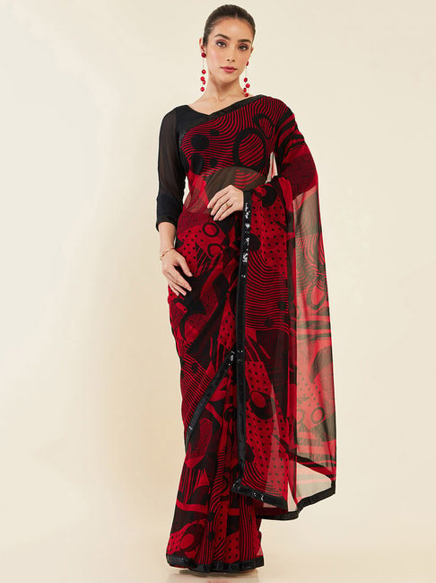 HERE&NOW Red & Black Sequinned Embellished Pure Georgette Saree