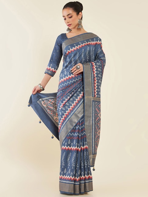 Soch Blue Printed Silk Saree With Blouse Price in India