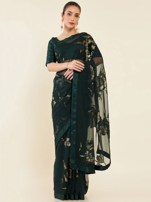 Soch Dark Green Printed Georgette Saree With Blouse Price in India