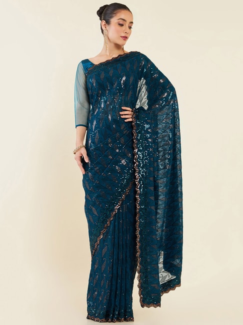 Soch Blue Embellished Georgette Saree With Blouse Price in India