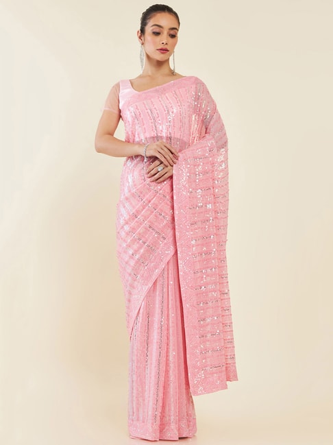 Soch Pink Embellished Georgette Saree With Blouse Price in India