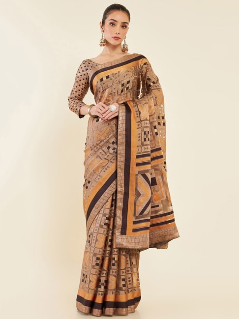 Soch Light Brown Printed Organza Saree With Blouse Price in India