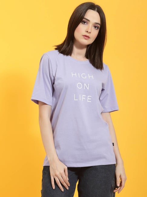 Rigo Light Purple Printed Oversized T-Shirt Price in India