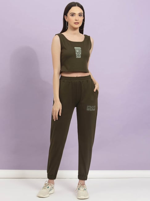Rigo Army Green Printed Crop Top With Joggers