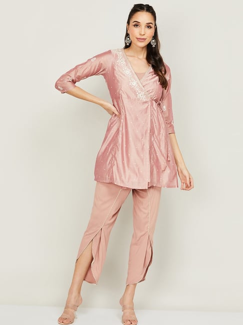 Melange by Lifestyle Dusty Pink Embroidered Tunic Dhoti Pant Set