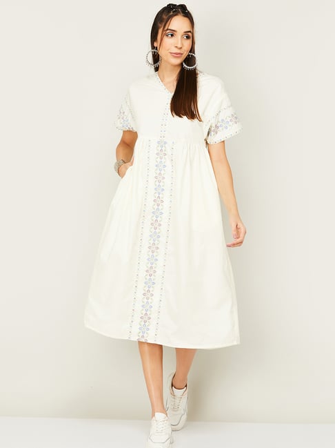 Colour Me by Melange Off-White Cotton Embroidered A-Line Dress Price in India