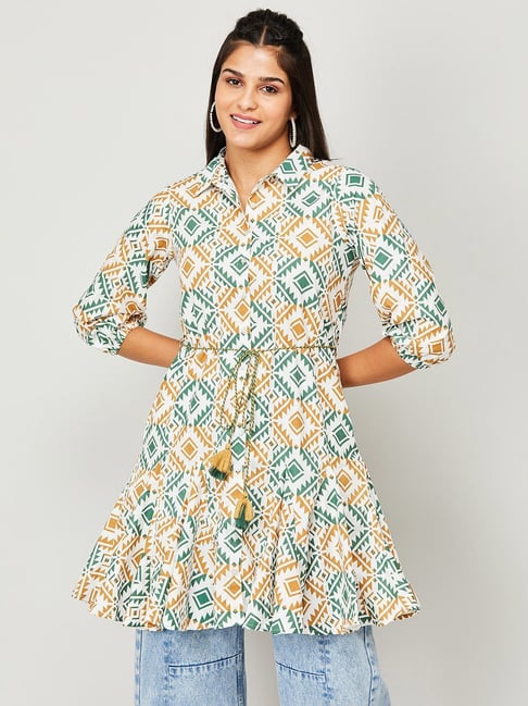 Colour Me by Melange White & Green Cotton Printed Tunic Price in India