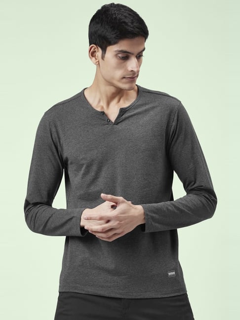 Urban Ranger by Pantaloons Charcoal Melange Slim Fit Texture T