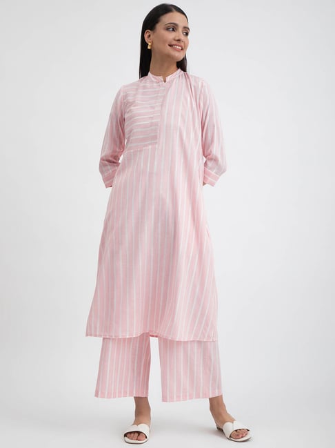 Pink Fort Pink Cotton Striped Kurta With Palazzos Price in India