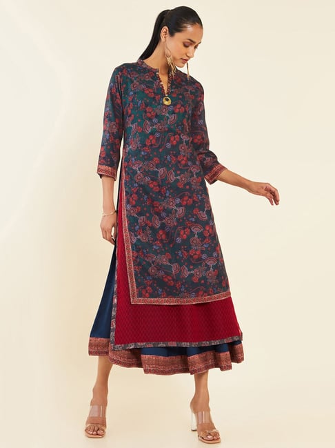 Navy Blue Georgette Layered And Printed Dress Kurta With Hand Embroidery  And Jacket at Soch