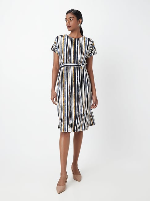 Wardrobe by Westside Multicolour Striped Dress With Belt Price in India