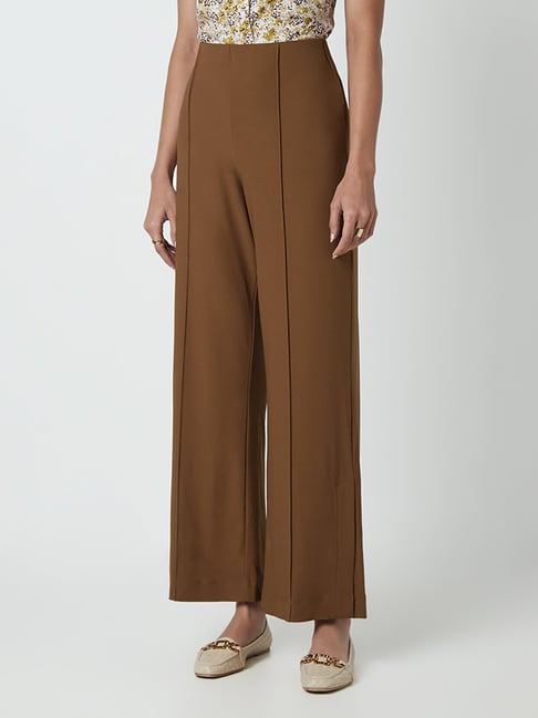 Womens Brown Flare Pants High Rise  Ally Fashion
