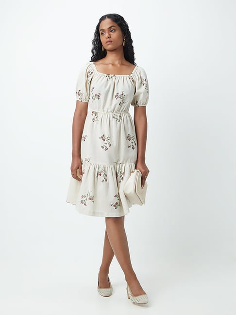 Bombay Paisley by Westside Beige Floral-Printed Tiered Dress Price in India