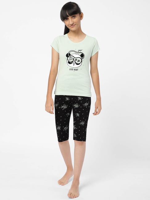 Sweet Dreams Kids Light Green & Black Printed Top with Capri