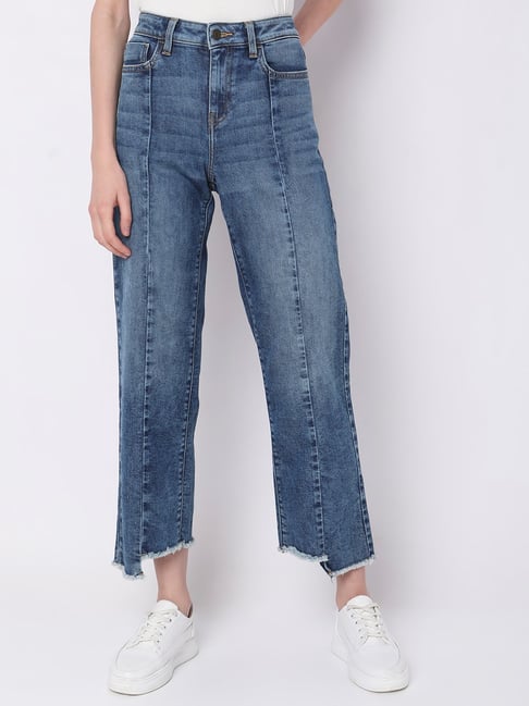 Vero Moda Blue Cotton Regular Fit High Rise Jeans