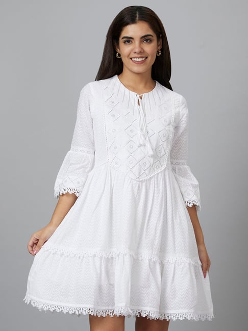 Globus Ivory White Cotton Embroidered A Line Dress Price in India