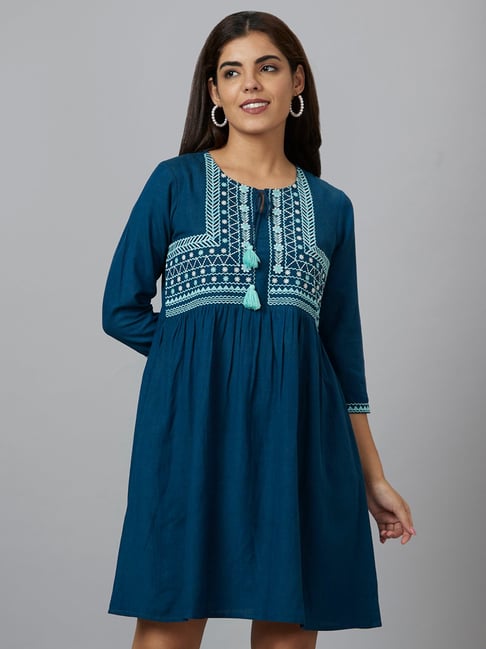 Globus Teal Embroidered A Line Dress Price in India
