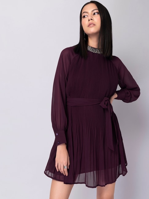 FabAlley Purple Pleated Embellished Neck Belted Dress Price in India