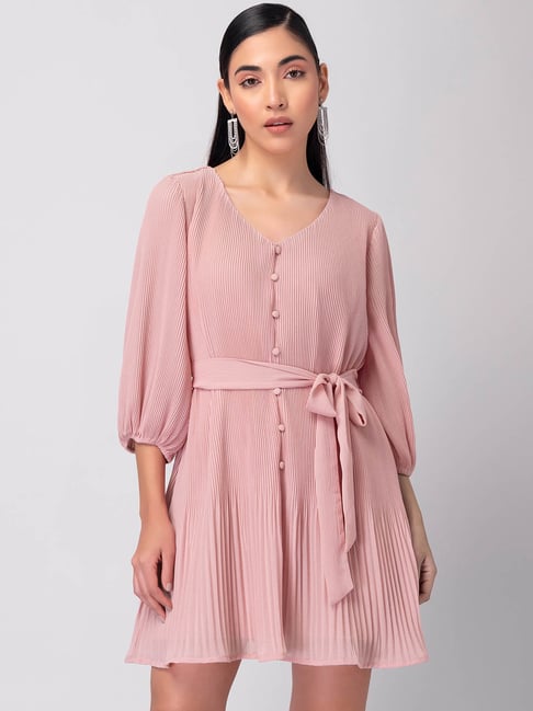 FabAlley Blush Button Pleated Dress with Self Fabric Belt Price in India