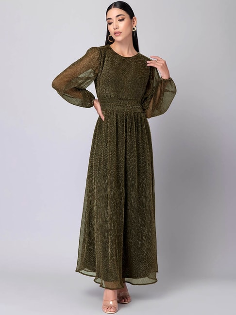 FabAlley Olive Shimmer Crushed Cinched Waist Maxi Dress Price in India