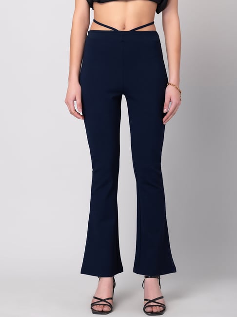 FabAlley Navy Blue Flossing Detail Mid Rise Flared Pants