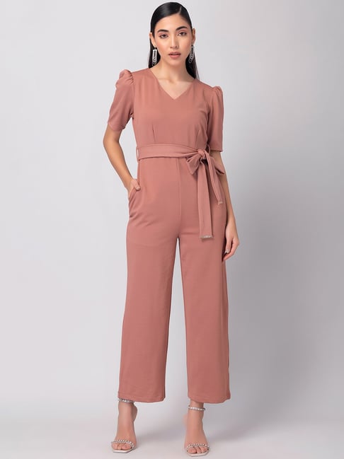 FabAlley Peach Puff Sleeve Jumpsuit with Self Fabric Belt