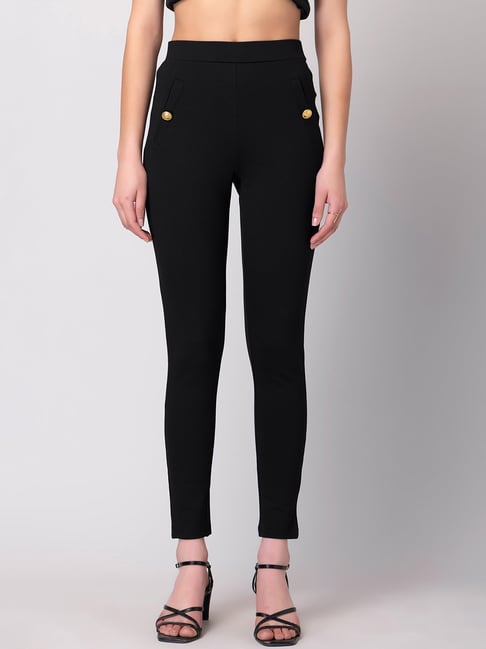 FabAlley Black Button Detail Mid Rise Leggings