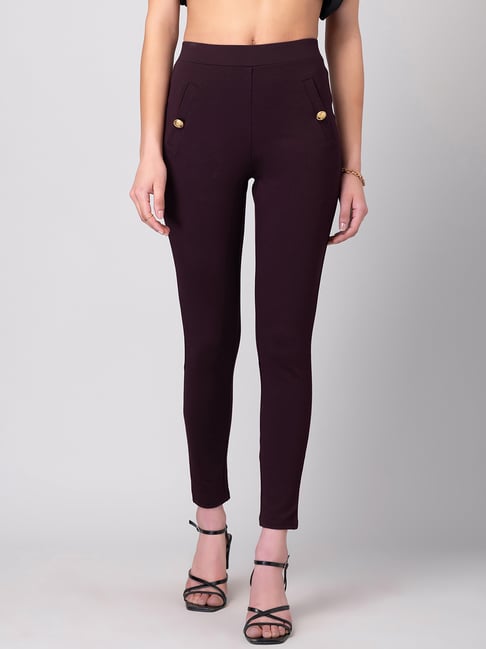 FabAlley Wine Button Detail Mid Rise Leggings