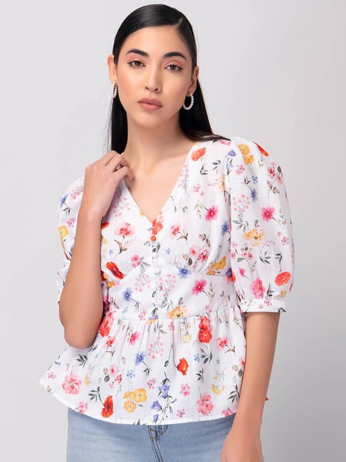 FabAlley White Floral Puff Sleeve Peplum Blouse