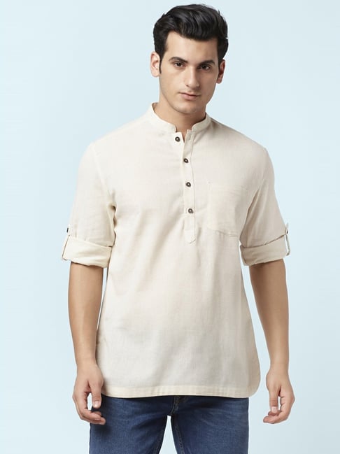 Indus Route by Pantaloons Natural Beige Cotton Regular Fit Short Kurta