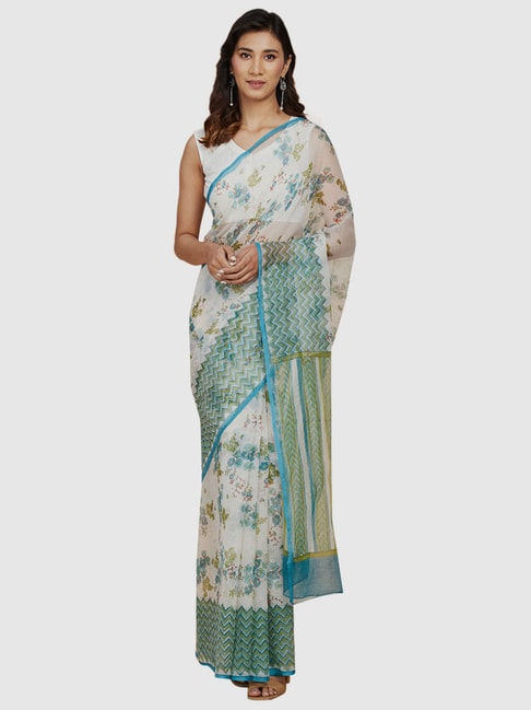 Fabindia White & Blue Floral Print Saree Price in India