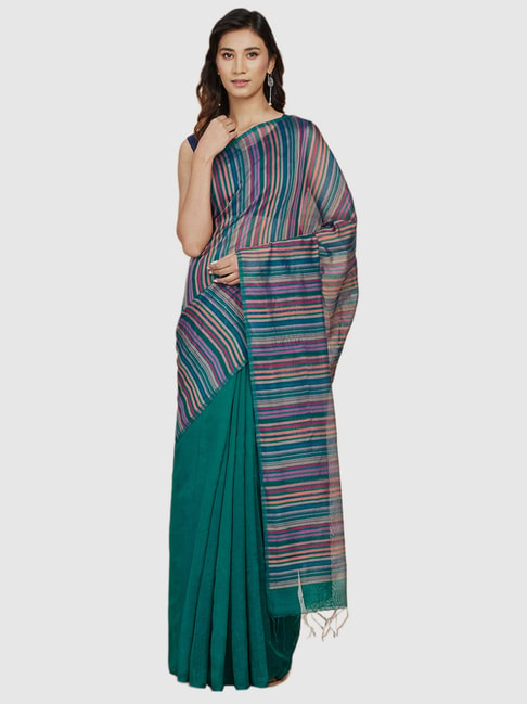 Fabindia Teal Green & Purple Striped Saree Price in India