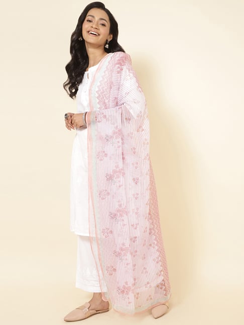 Fabindia White & Pink Floral Print Dupatta-picture-25