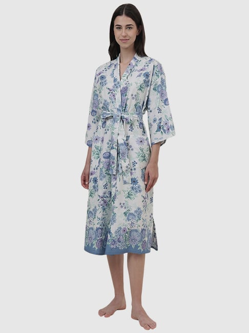 Fabindia Off-White Blue Cotton Floral Print Robe