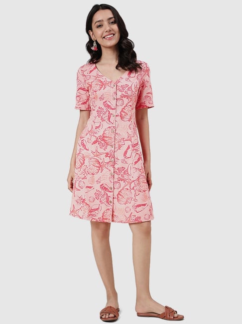 Fabindia Pink Printed A-Line Dress