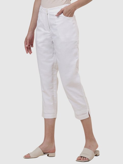 Fabindia White Linen Crop Pants