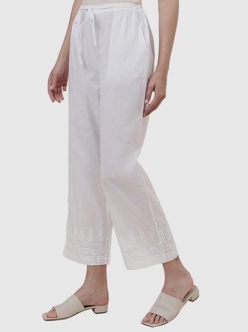 Fabindia White Cotton Embroidered Pants