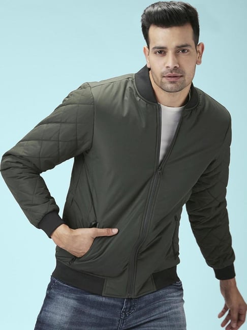 Spykar Olive Green Bomber Jacket With Sherpa Collar